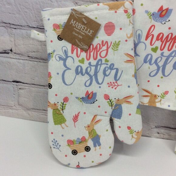Happy Easter 3 Pc Kitchen Set Spring Pastel Blue Dish Towel/Pot Holder/Oven Mitt - Picture 2 of 9